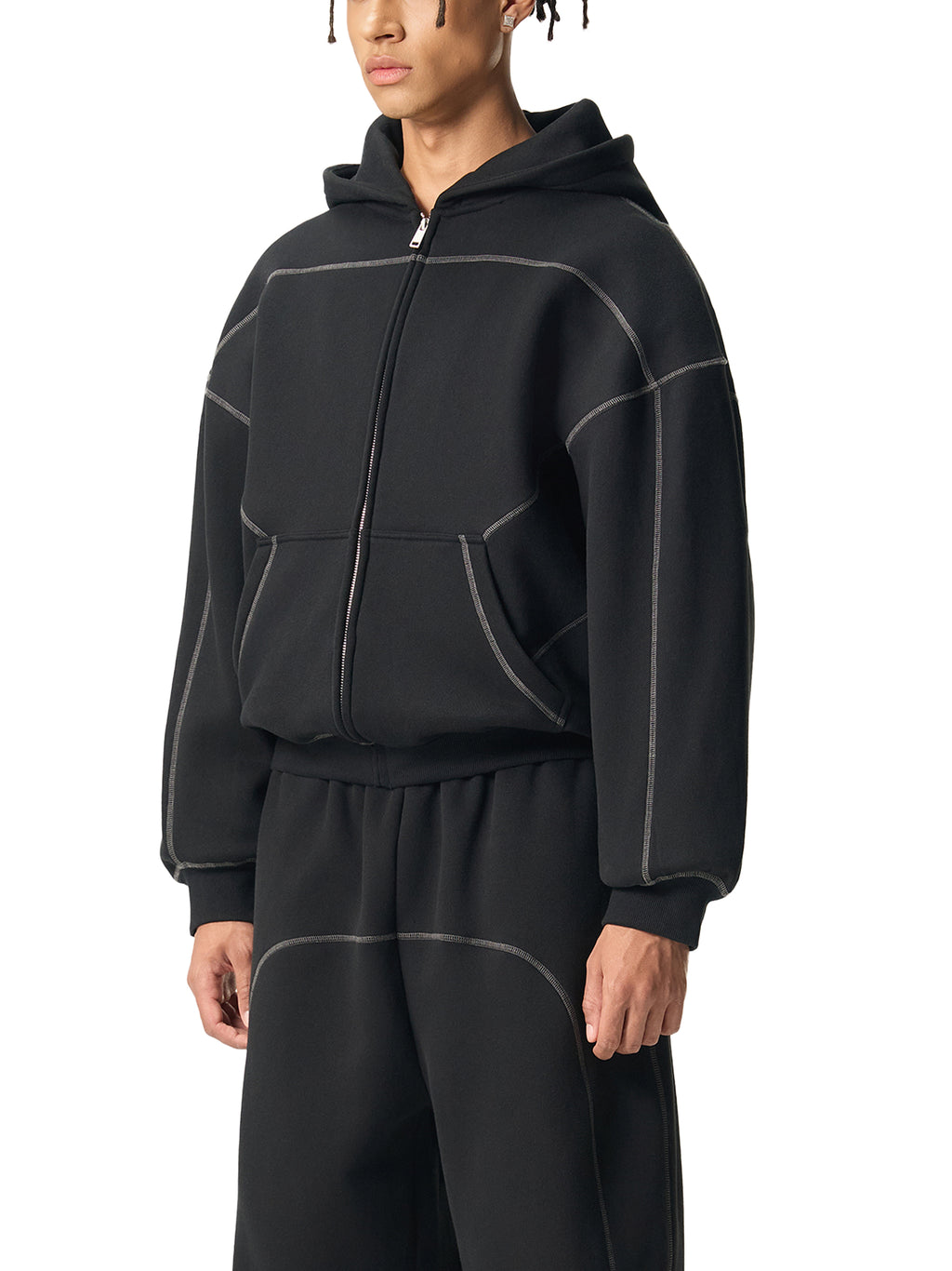 FYNCO Stitched Boxy Fleece Zip Hoodie