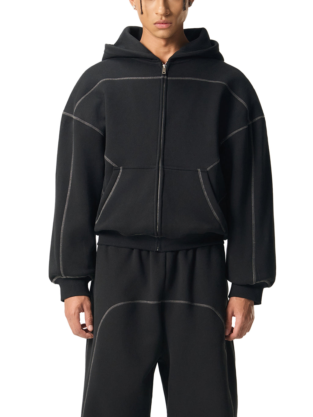 FYNCO Stitched Boxy Fleece Zip Hoodie