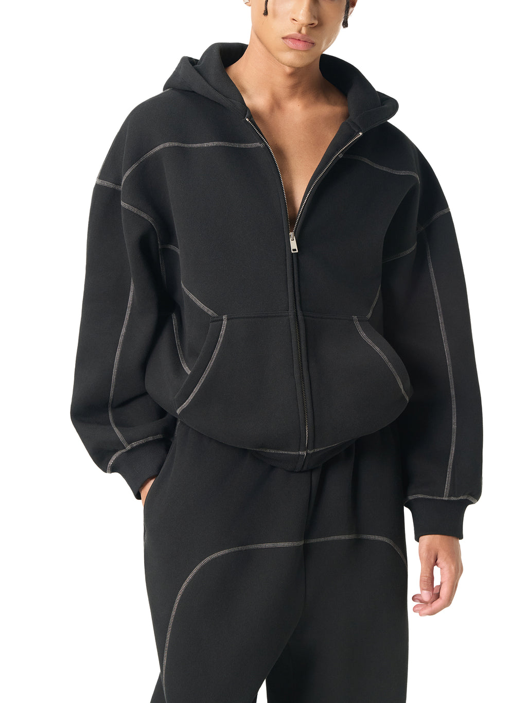 FYNCO Stitched Boxy Fleece Zip Hoodie