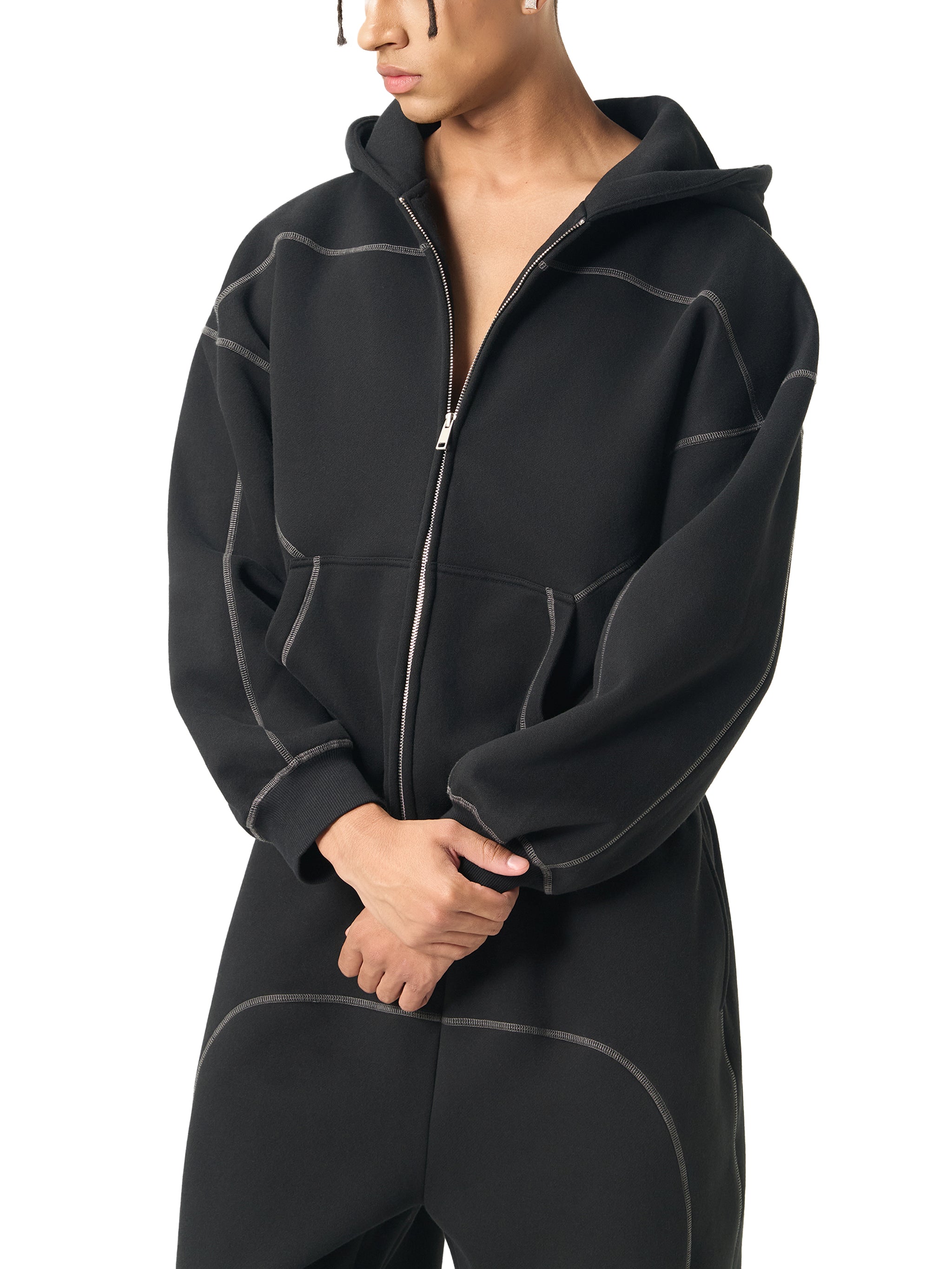 FYNCO Stitched Boxy Fleece Zip Hoodie